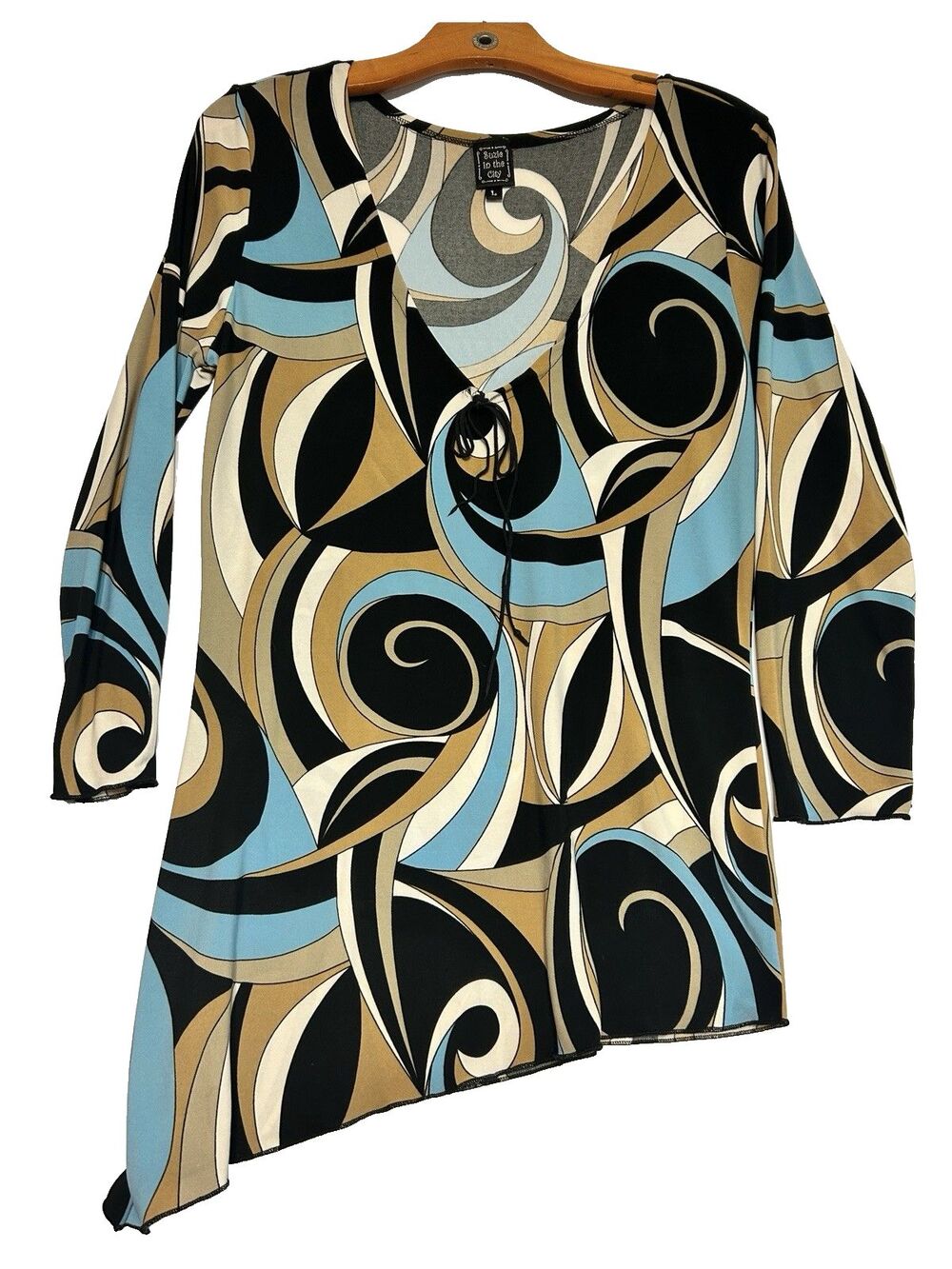 VTG Suzie in the City L Blue Brown Swirl Retro Slinky Asymmetrical Tunic Blouse